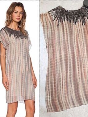 Velvet by graham & Spencer Taupe Tie-Dye Beaded Neckline Women’s dress NWT